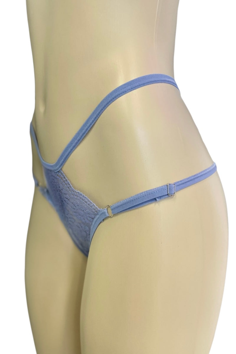Blue lace thong on a mannequin against a white background