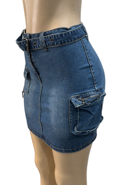 Blue denim skirt on a mannequin against a white background