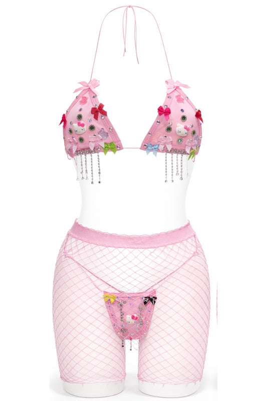 Pink bikini set with bow patterns on a white background