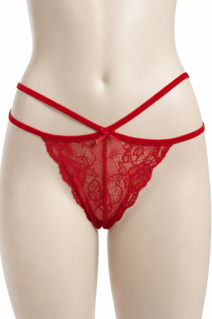 Red lace thong on a mannequin against a white background