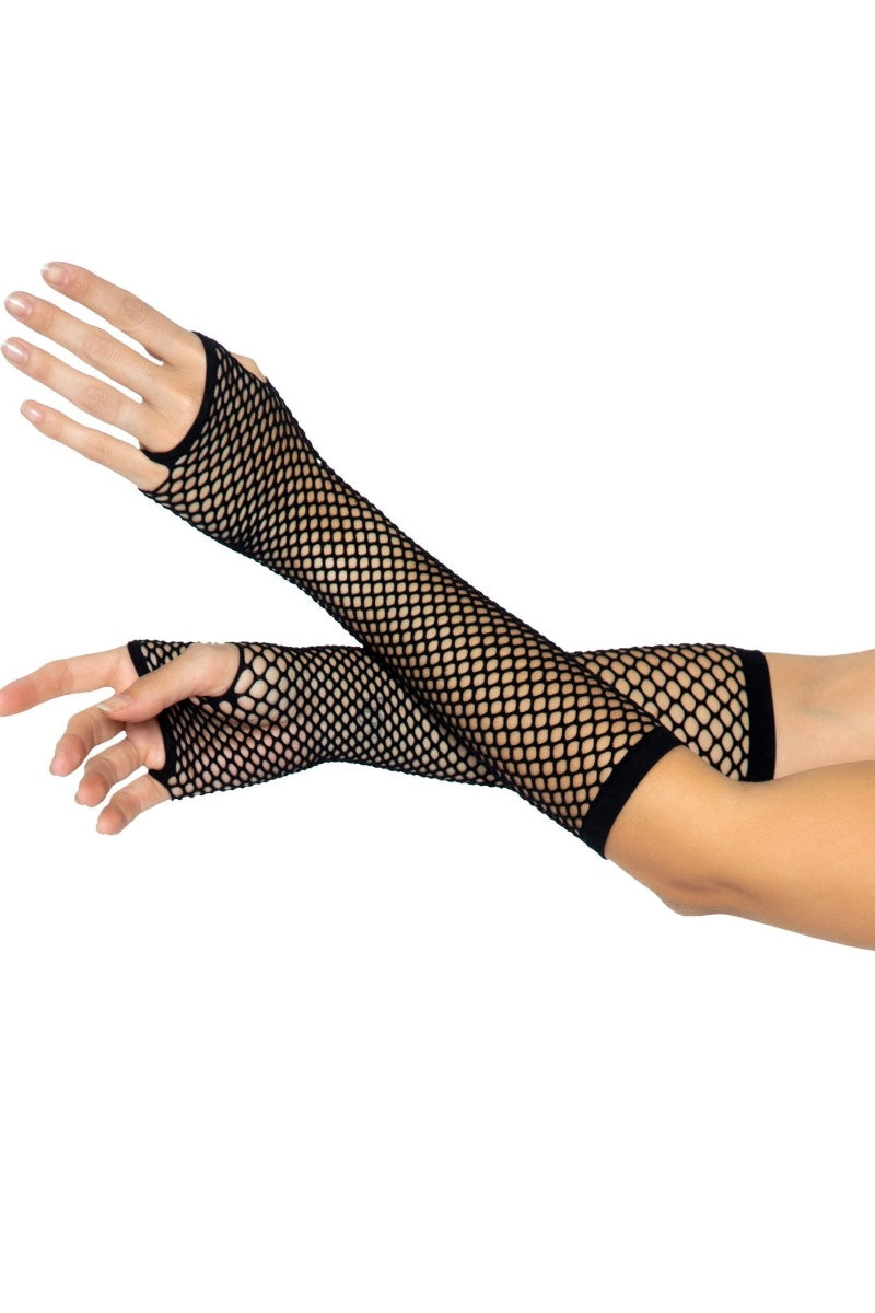 Black fishnet fingerless arm gloves worn on both arms, shown against a plain white background.