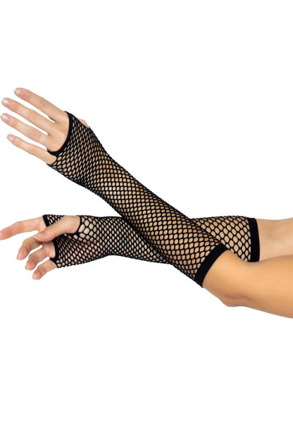 Black fishnet fingerless arm gloves worn on both arms, shown against a plain white background.