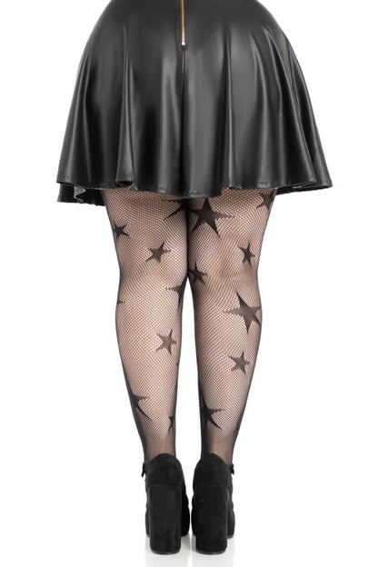 Black faux-leather mini skirt with a gold zipper, paired with black fishnet tights featuring a star pattern and black platform ankle boots, shown from the back on a white background.