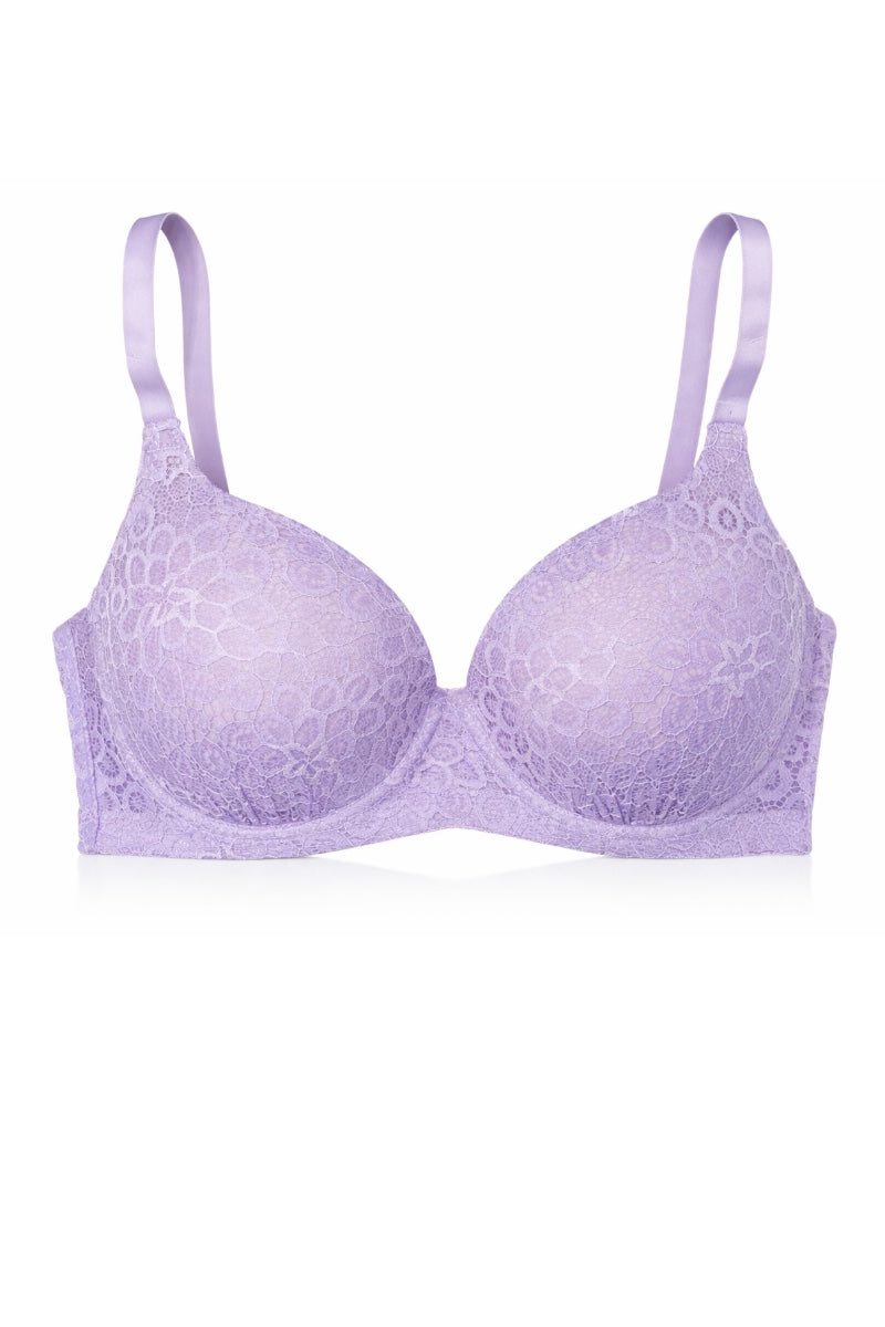 Lavender bra with lace details on a white background