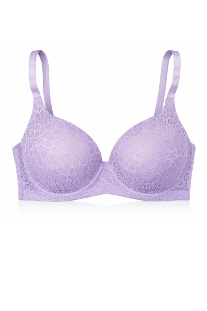 Lavender bra with lace details on a white background