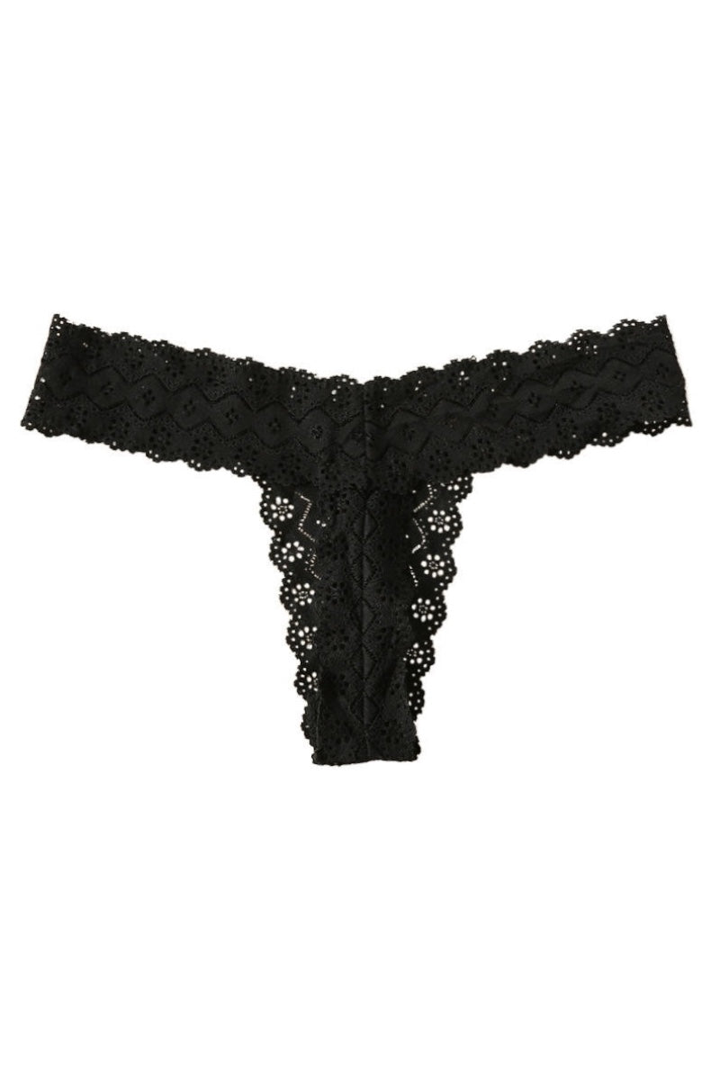 Black lace thong on a white background