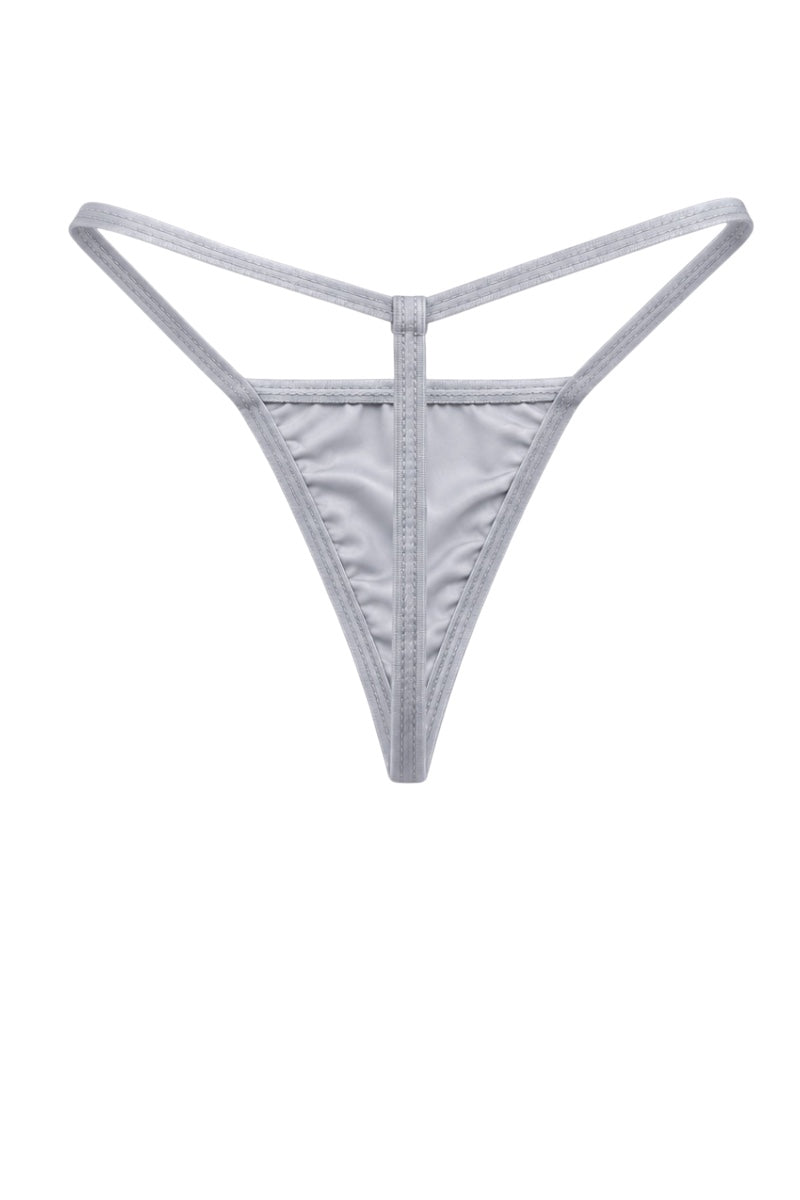 A light gray thong-style underwear bottom with a thin waistband and a center back strap, shown flat against a white background.