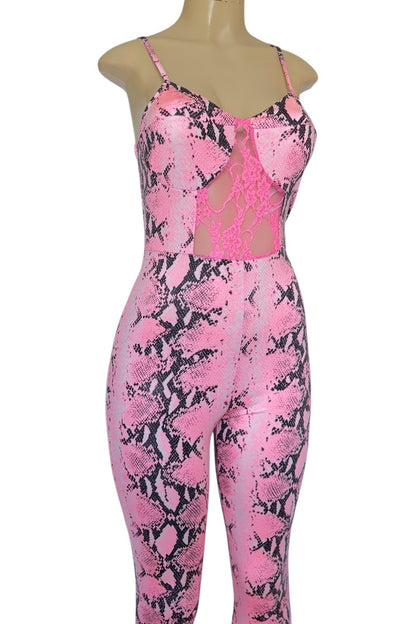 Pink and black patterned jumpsuit on a mannequin against a white background