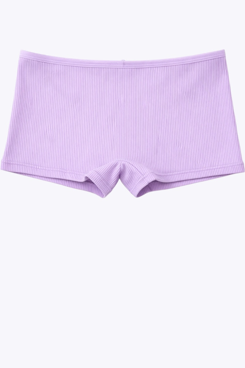 Lavender ribbed shorts on a white background
