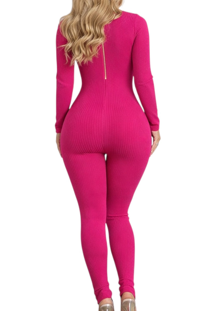 Pink bodysuit worn by a model on a white background