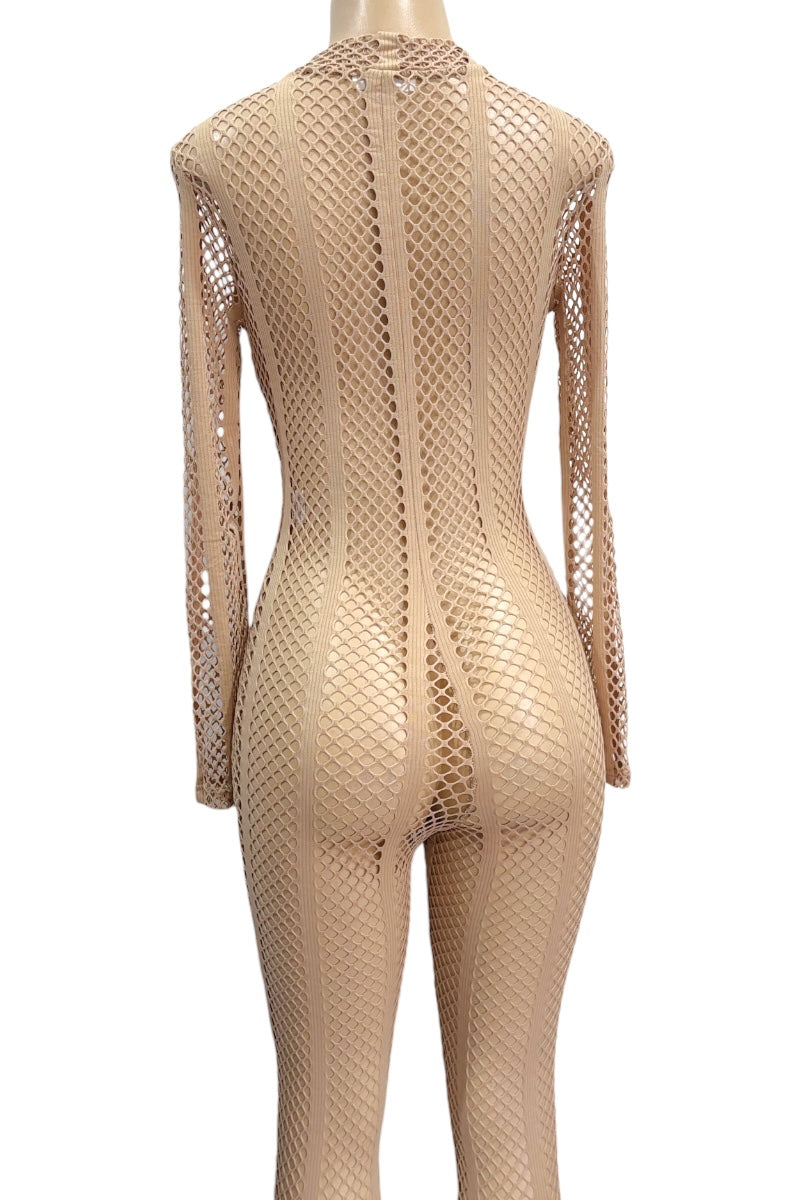Beige fishnet bodysuit on a mannequin against a white background
