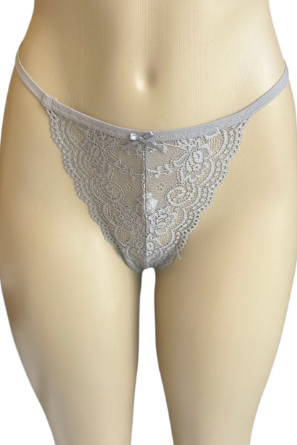 Gray lace thong on a mannequin against a white background