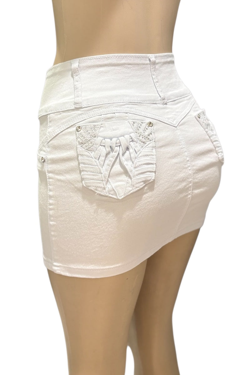 White denim skirt with decorative pocket on a white background