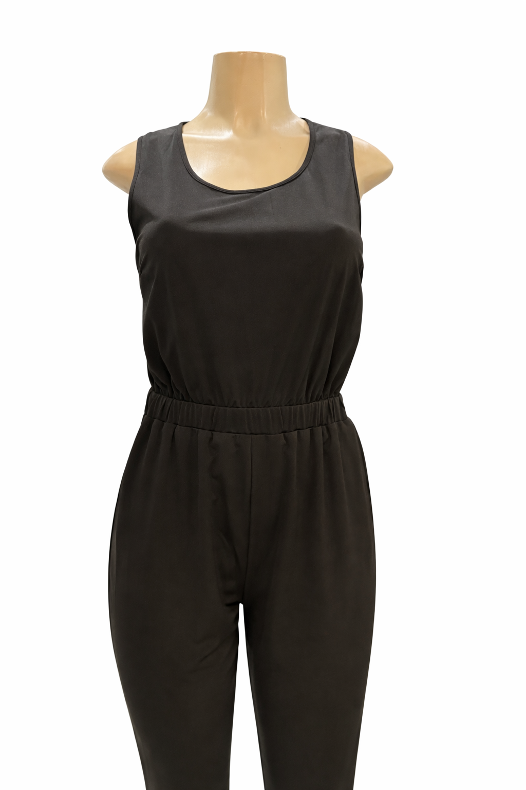 A black sleeveless jumpsuit displayed on a beige mannequin torso against a plain white background.