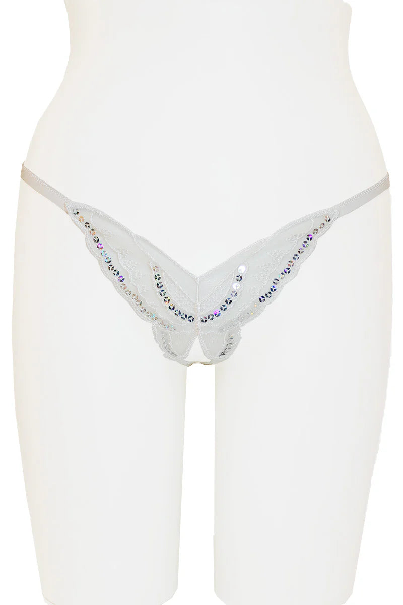 White thong with lace trim on a white background