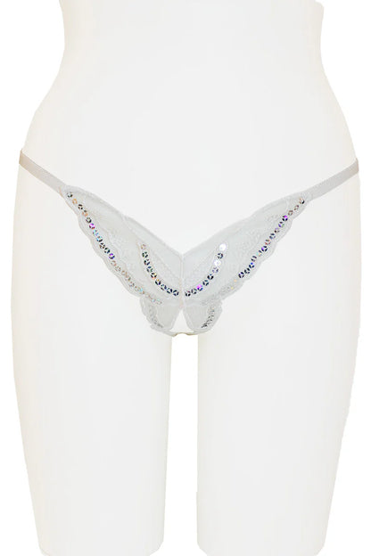 White thong with lace trim on a white background