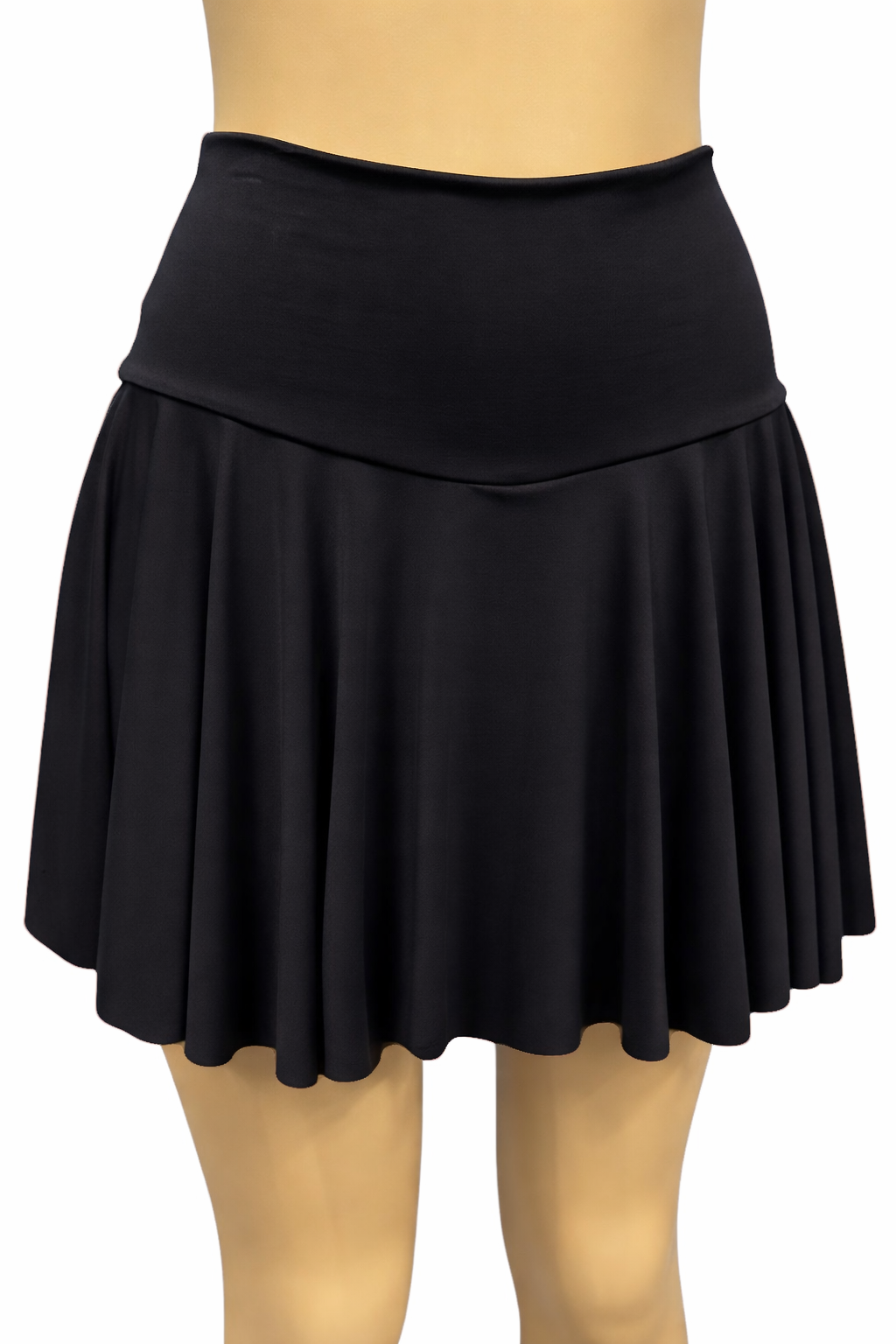 Black skirt worn by a mannequin on a white background