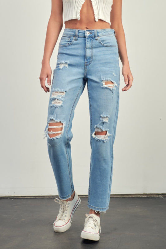 High Rise Distressed Slim Straight Jeans