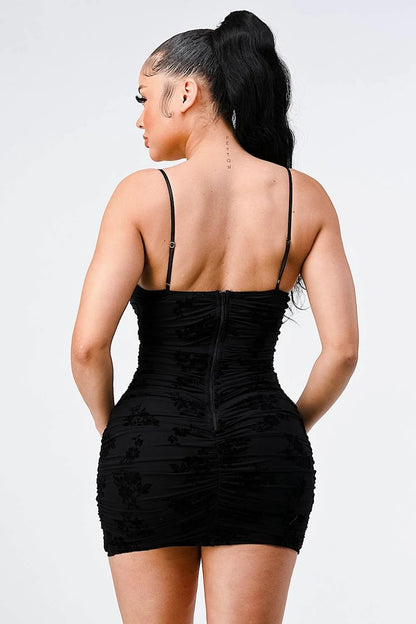 Lux Mesh Velvet Lily Flocking Contrast Bodycon Dress - Black