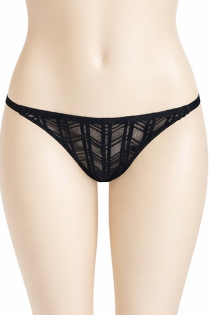 Black mesh thong on a mannequin against a white background