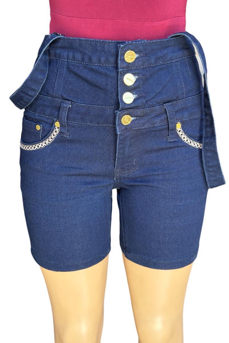 Blue denim shorts with button details on a mannequin against a white background