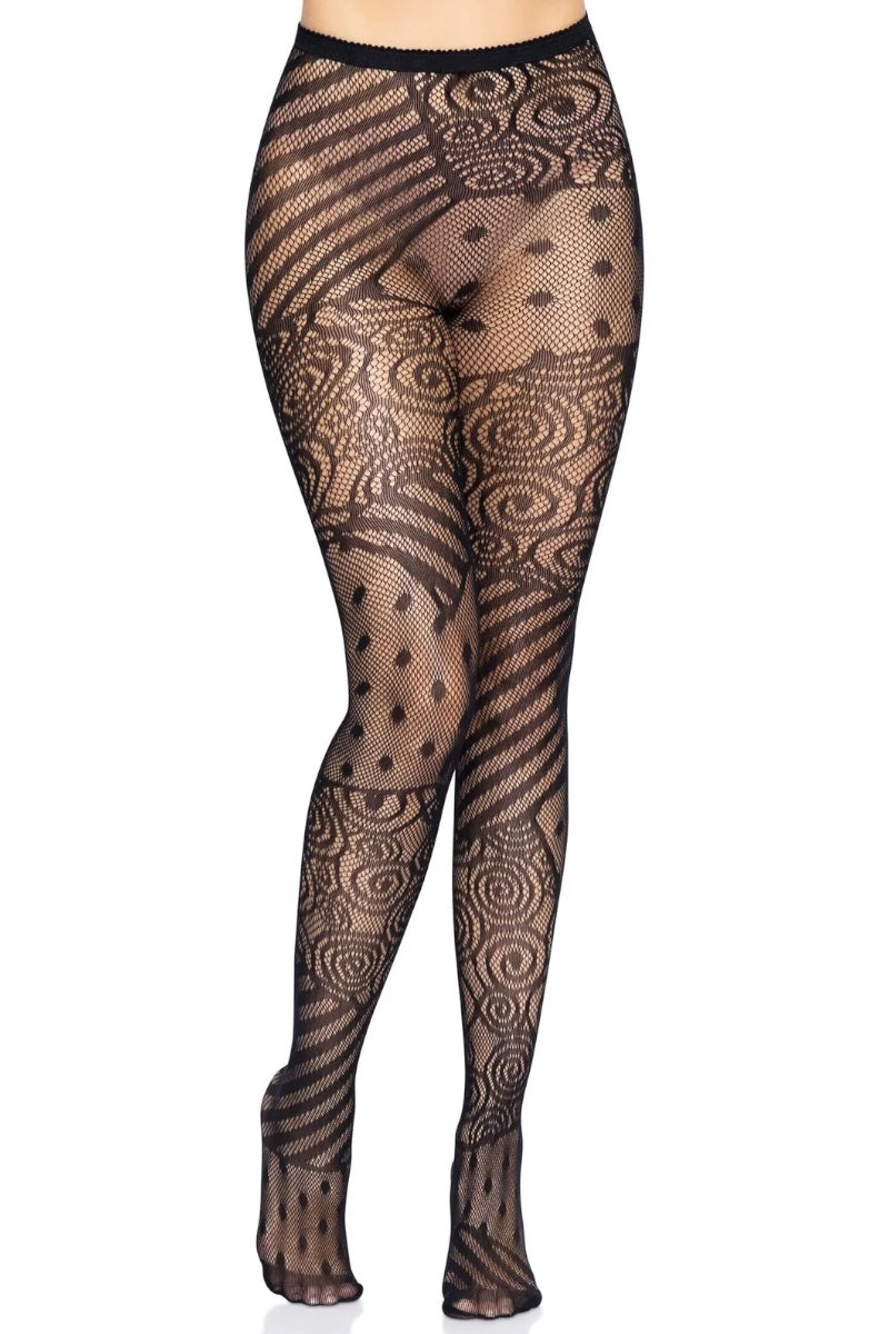 Black sheer patterned tights with a mix of swirl, stripe, and polka dot motifs, shown on a model's legs against a white background.