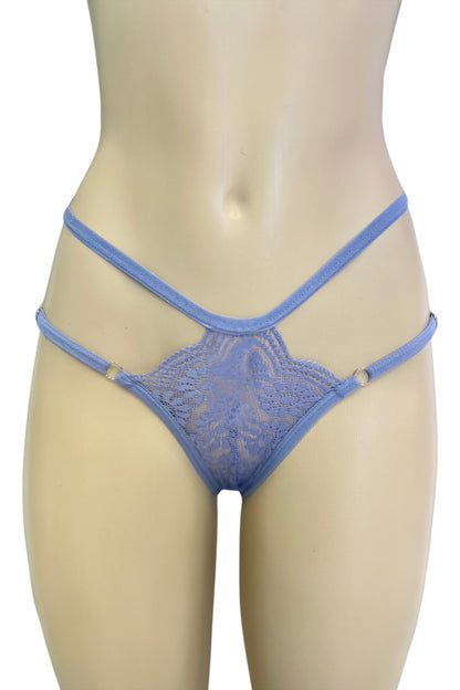 Blue lace thong on a mannequin against a white background