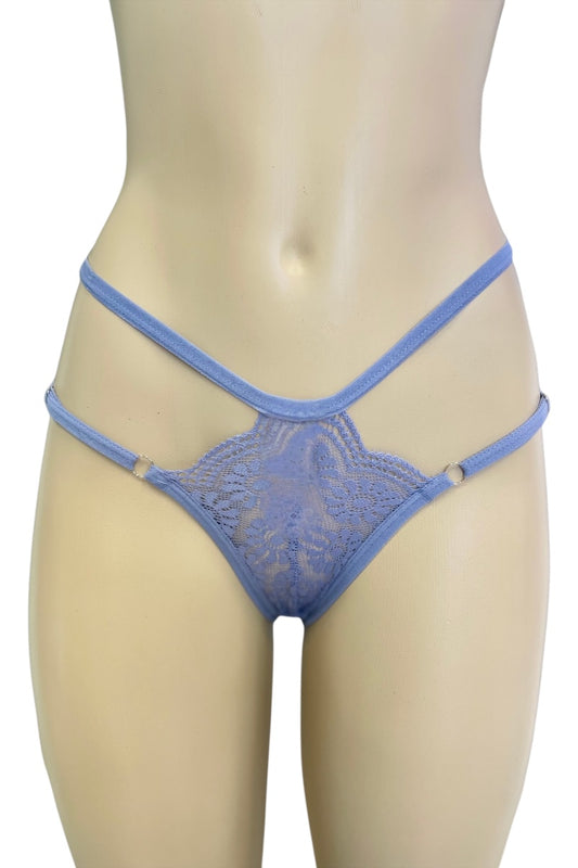 Blue lace thong on a mannequin against a white background