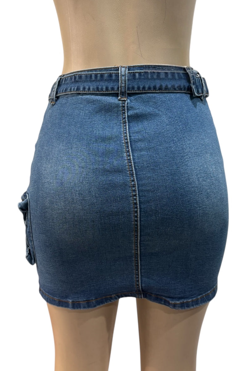 Blue denim skirt on a mannequin against a white background