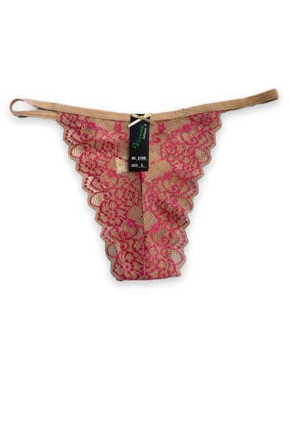 beige and pink lace thong with a brand label on a white background