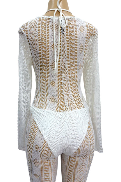 White crochet cover-up with long sleeves on a mannequin against a white background