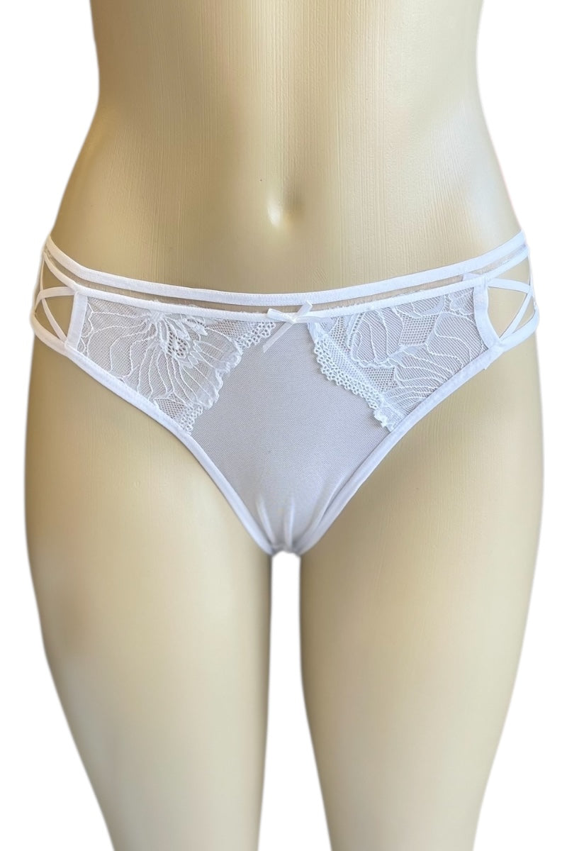 White lace panty on a mannequin against a white background