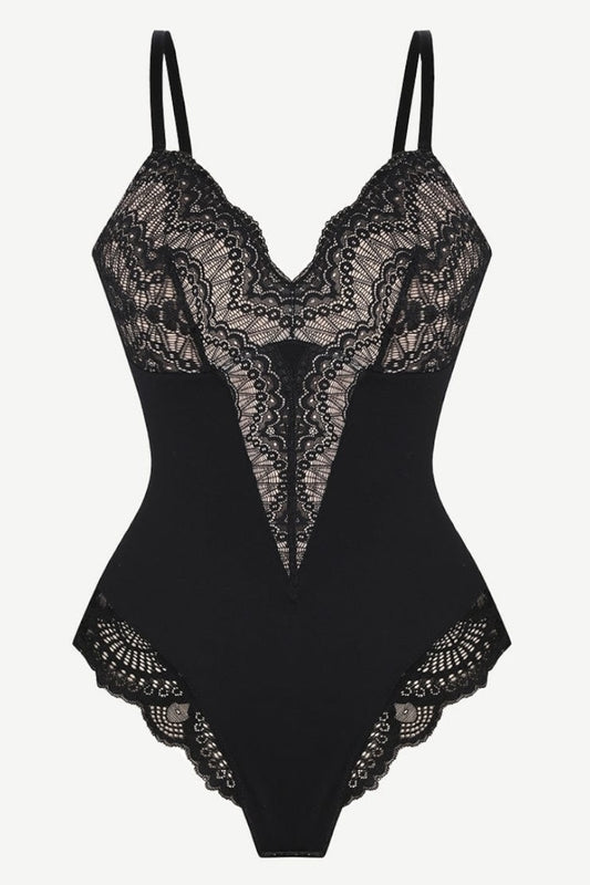 Black lace bodysuit on a white background