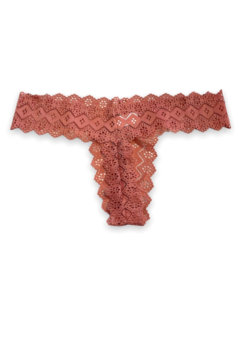 Lace thong in a rust color on a white background