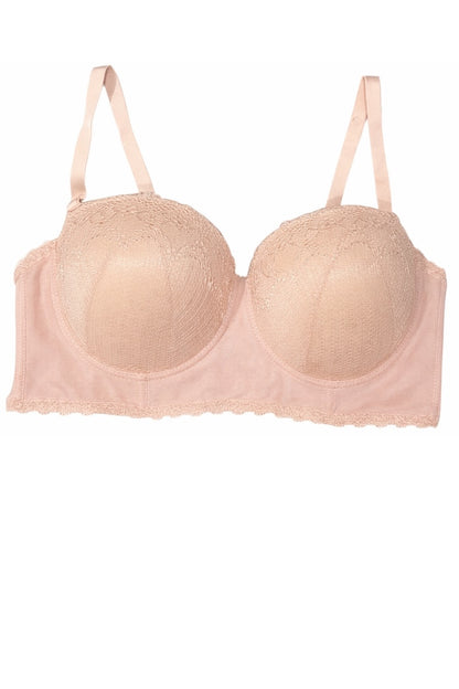 Blush bra with lace details on a white background