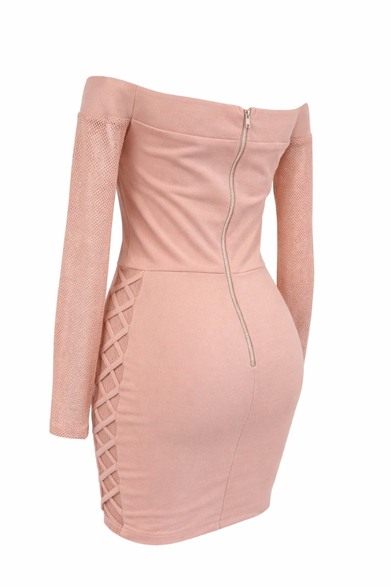 beige dress with long sleeves and a zipper on a white background