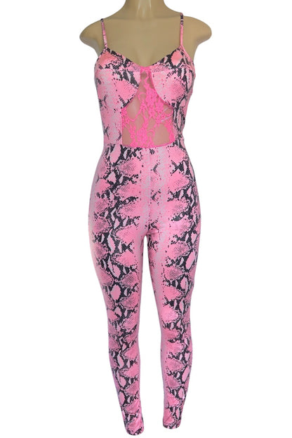 Pink and black patterned jumpsuit on a mannequin against a white background