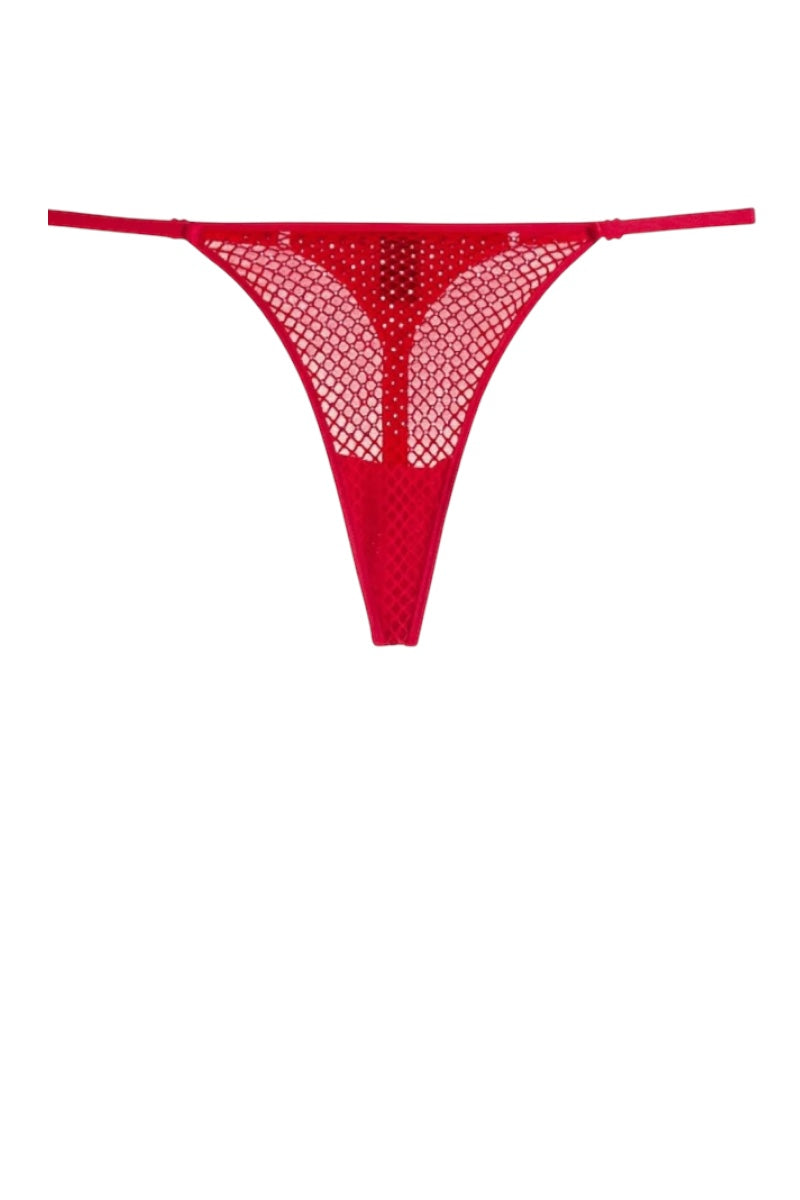 Red fishnet thong underwear with a sheer open-knit design and thin side straps, shown flat against a plain white background.