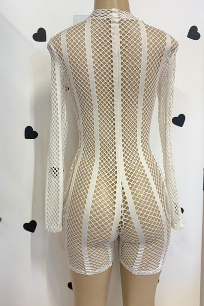 A white long-sleeve fishnet bodysuit with vertical mesh stripes, shown from the back on a mannequin against a white wall with black heart decorations.