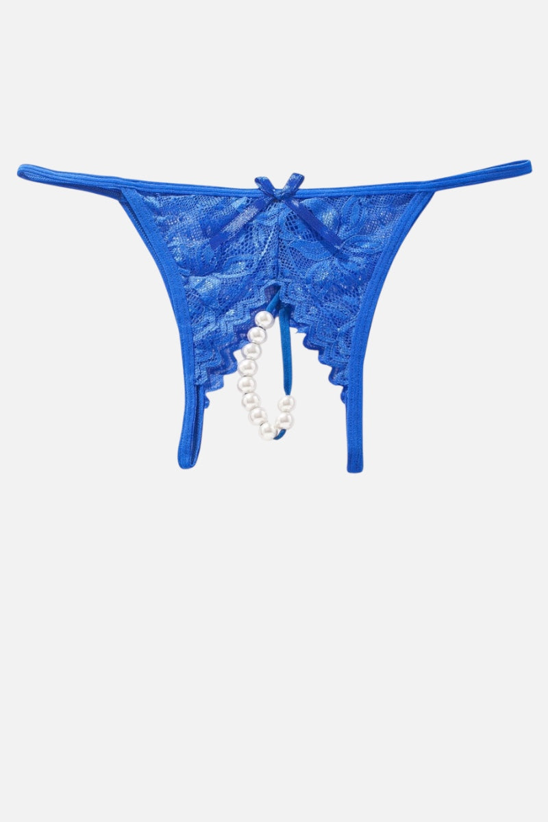 Blue lace thong underwear with a bow at the center front and a dangling white pearl chain, shown on a plain light gray background.