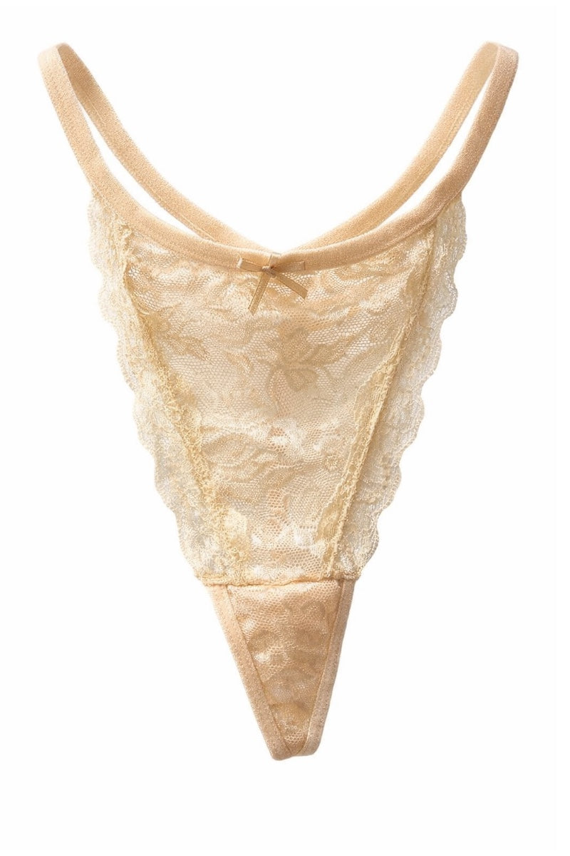 Beige lace thong on a white background