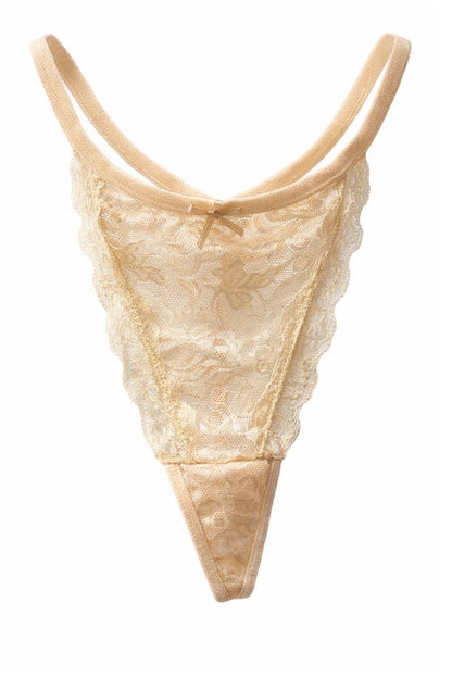 Beige lace thong on a white background