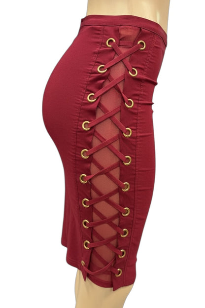 wine lace-up skirt on a mannequin against a white background