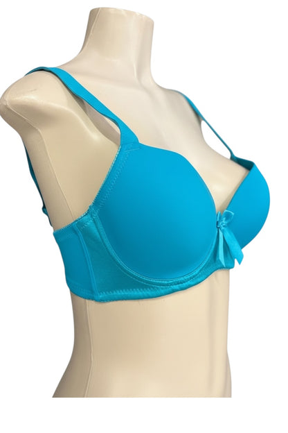 Blue bra on a mannequin against a white background