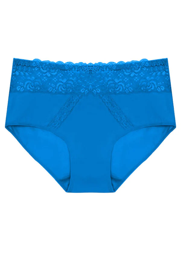 Blue women's underwear with lace trim on a white background