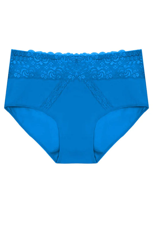 Blue women's underwear with lace trim on a white background