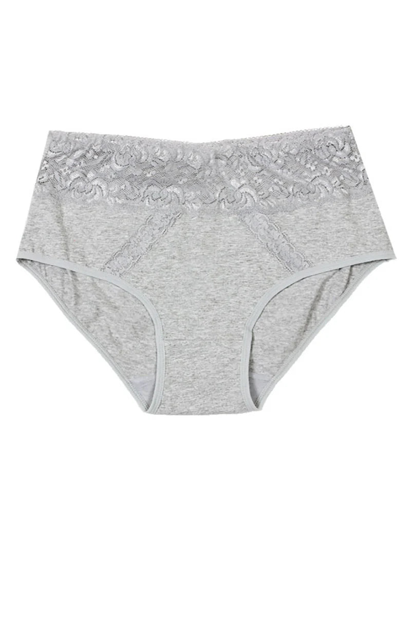 Grey women's underwear with lace trim on a white background