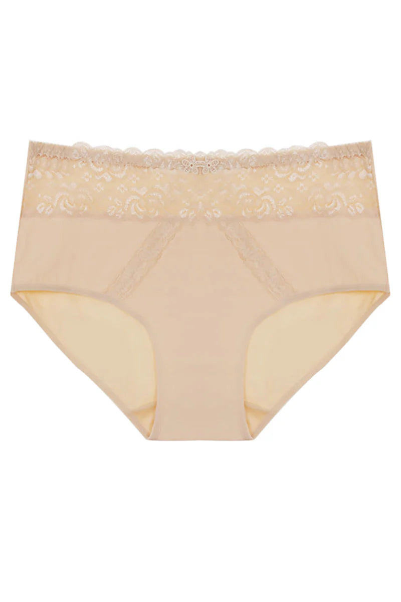 Beige women's underwear with lace trim on a white background