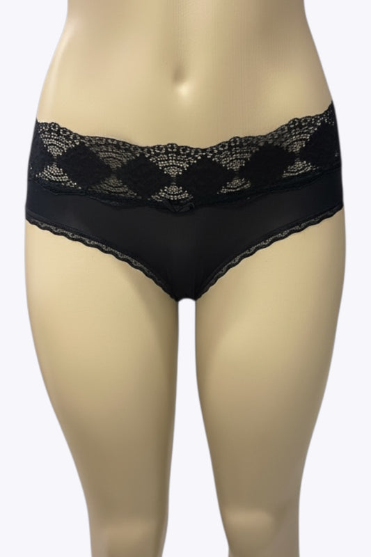 Black lace underwear on a mannequin against a white background
