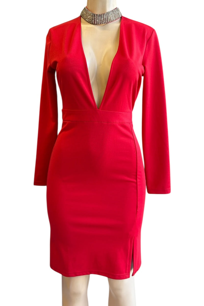 Red dress with long sleeves on a mannequin against a white background